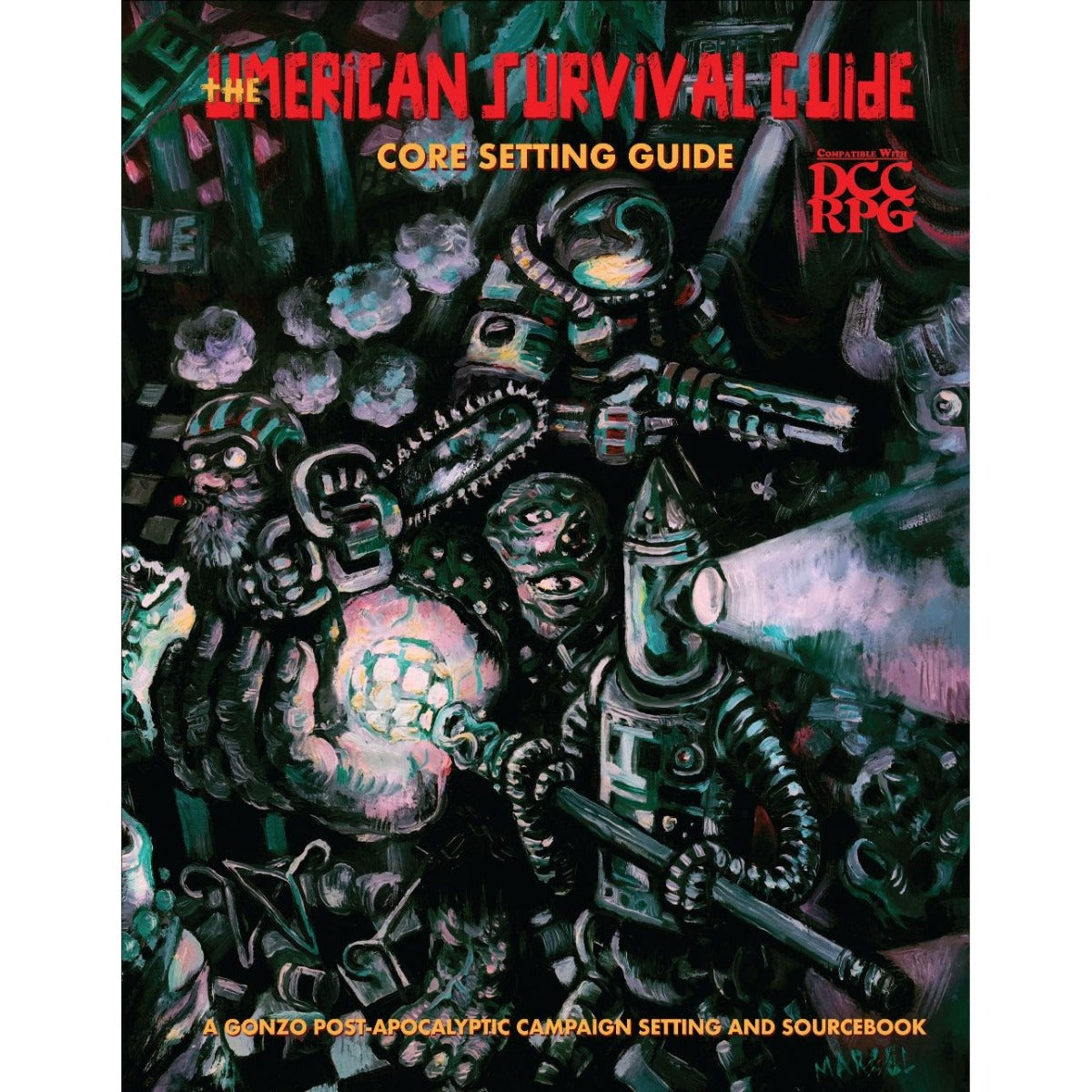 Dark, gonzo post-apocalyptic art: Armed mutants and robots explore a ruined world, illuminated by glowing light