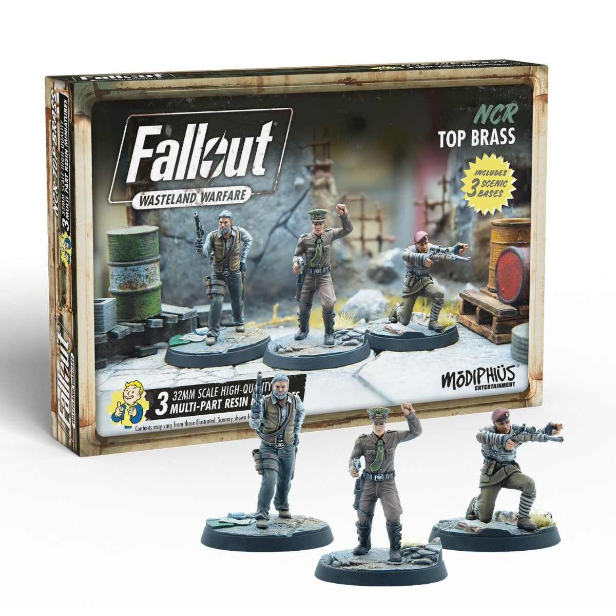 Fallout Wasteland Warfare "NCR Top Brass" game box and three miniatures: a man with a pistol, an officer, and a soldier aiming a rifle