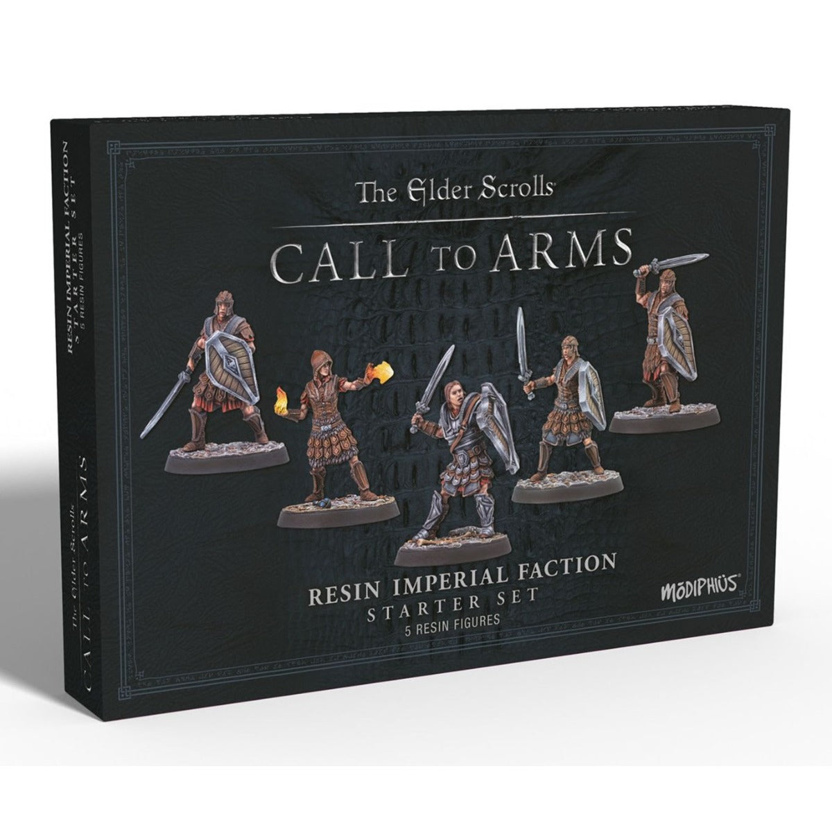 The Elder Scrolls: Call to Arms game box featuring five Imperial resin miniatures wielding swords, shields, and fire magic.