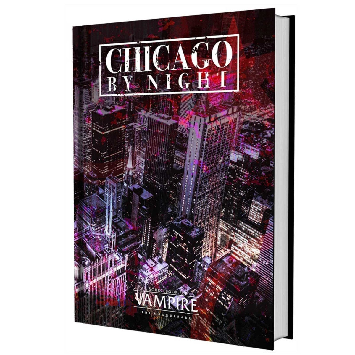 Hardcover RPG book &#39;Chicago By Night&#39; (Vampire: The Masquerade) with a dark, neon-lit city skyline
