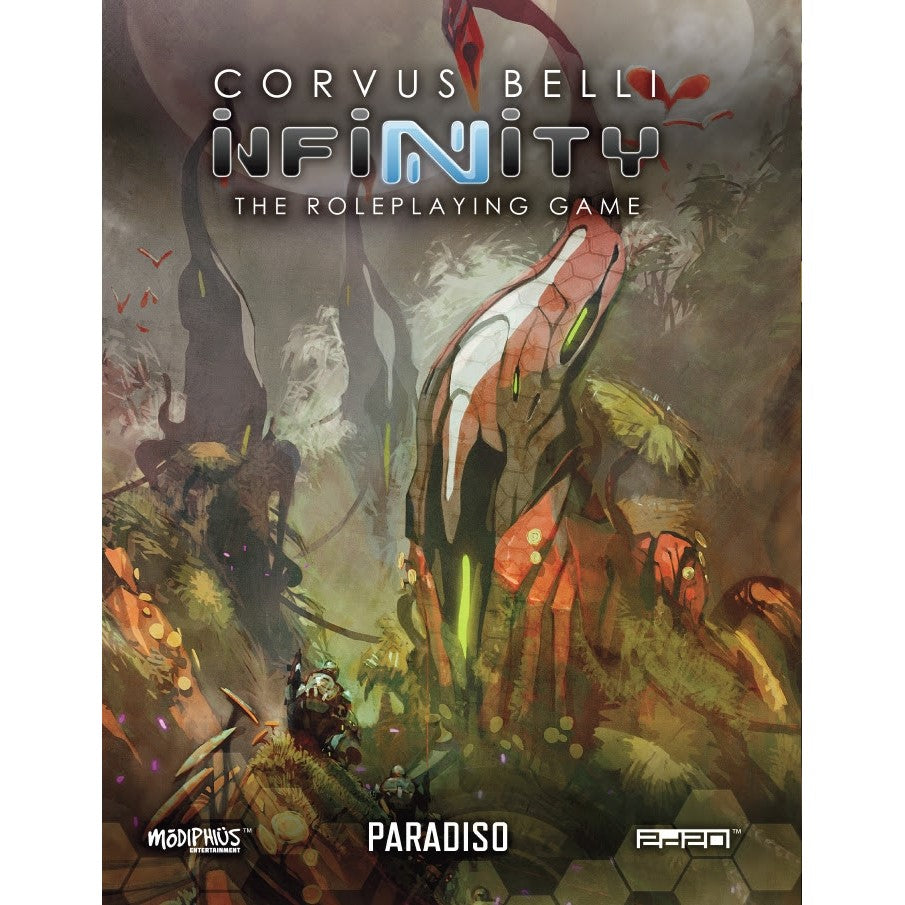 Infinity: Paradiso RPG cover featuring armored soldiers confronting a giant red, white, and green alien organism in a dense jungle
