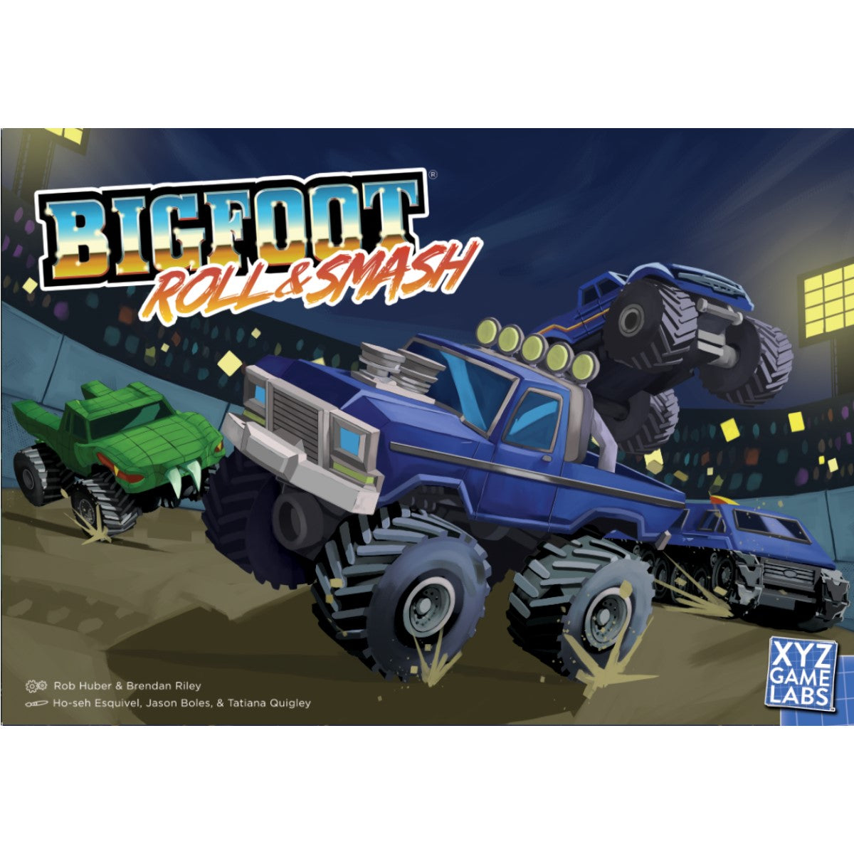 Dynamic illustration of monster trucks smashing and jumping in a night stadium