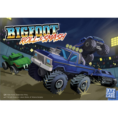 Dynamic illustration of monster trucks smashing and jumping in a night stadium