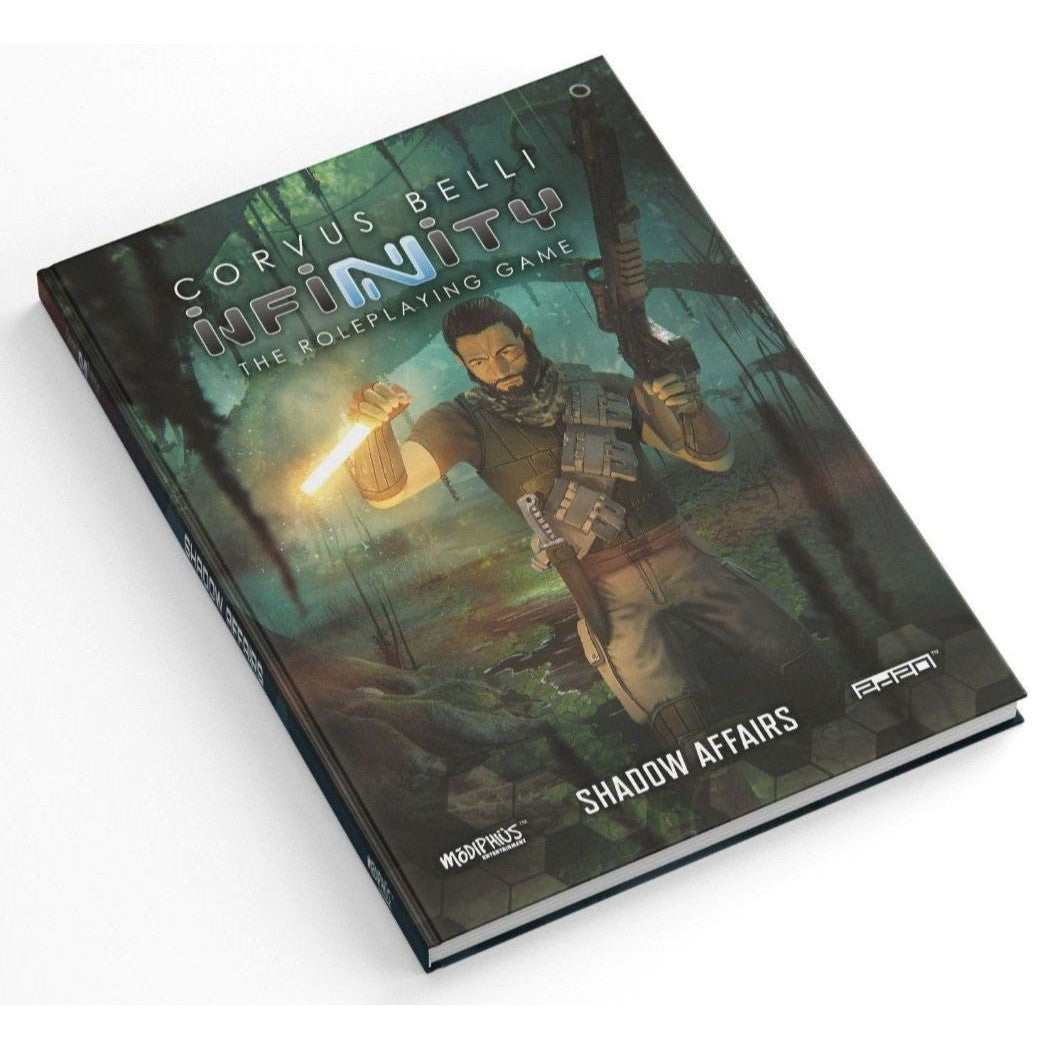Infinity: Shadow Affairs RPG Campaign book cover showing a tactical man with a rifle and glowing stick in a dark jungle