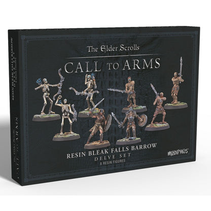 Miniatures set showcasing 8 posed fantasy figures: skeletons and armored warriors with weapons