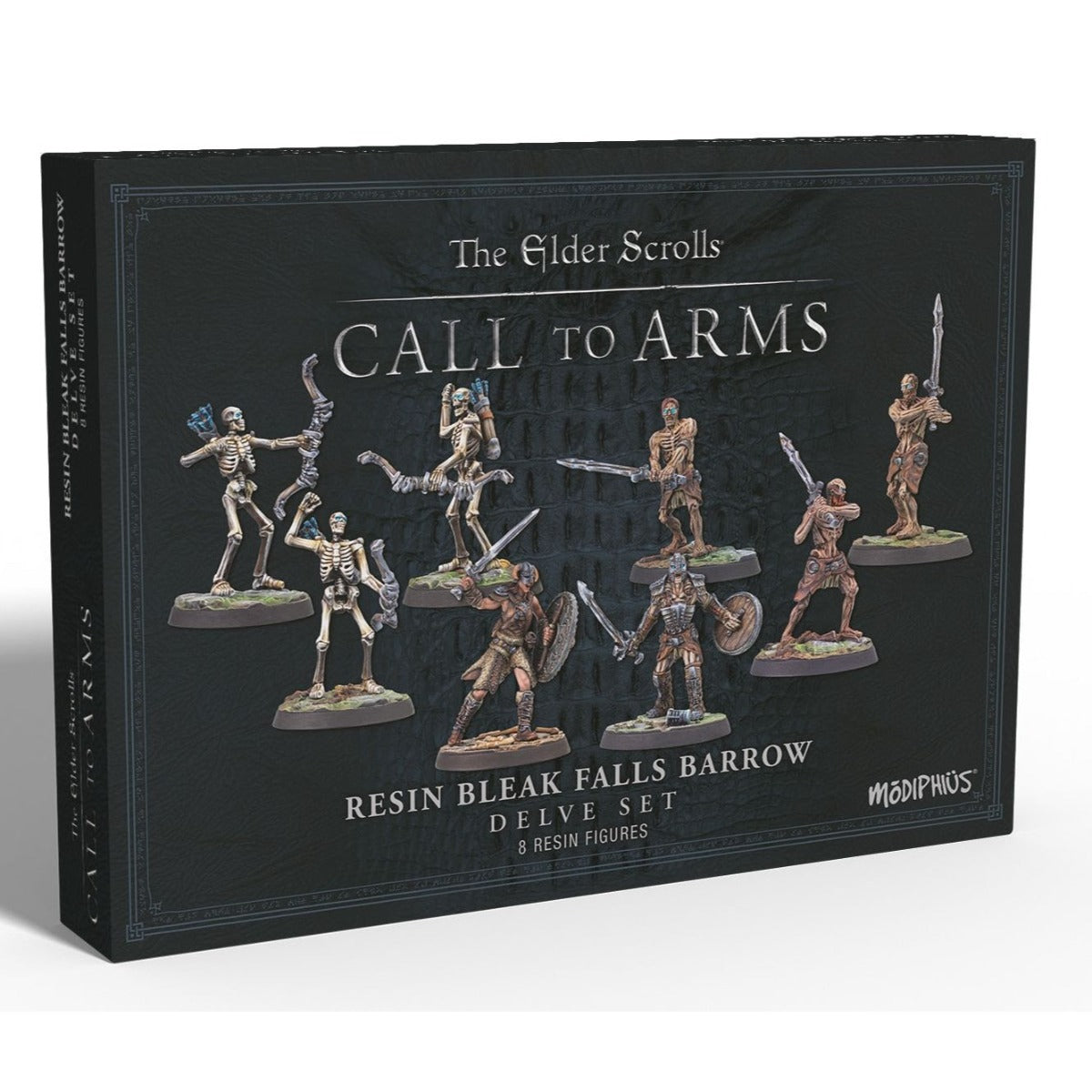 Miniatures set showcasing 8 posed fantasy figures: skeletons and armored warriors with weapons