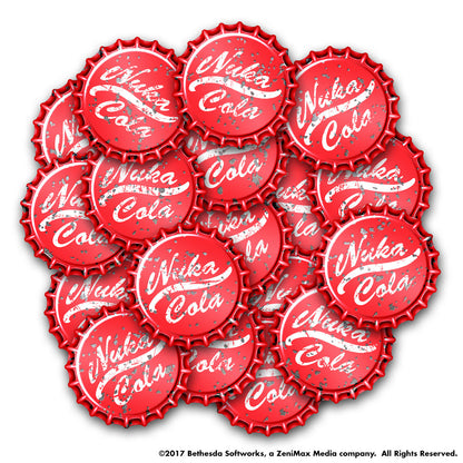A cluster of red Nuka Cola bottle caps, appearing weathered with white text