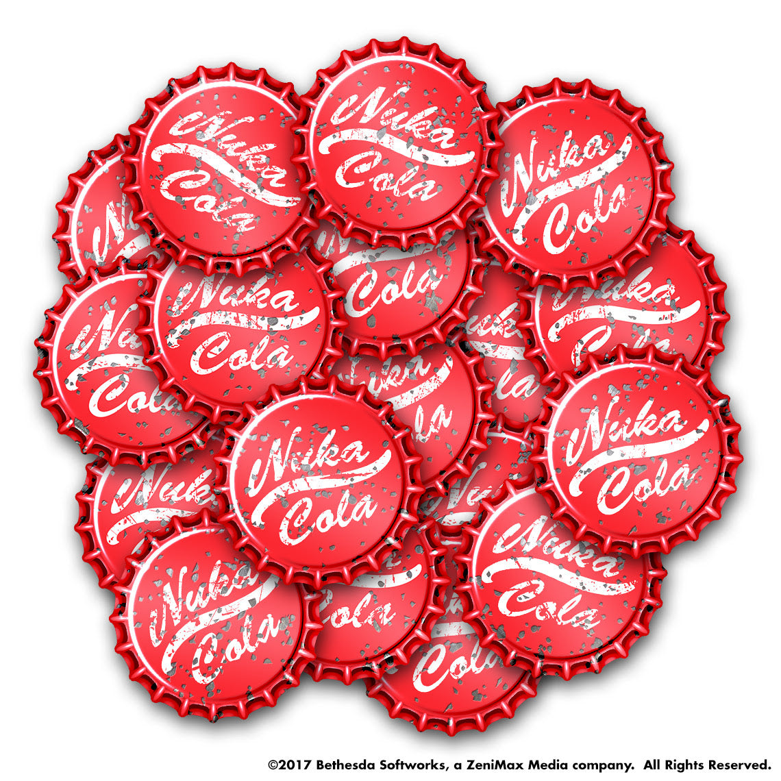 A cluster of red Nuka Cola bottle caps, appearing weathered with white text