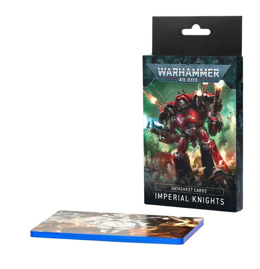 Warhammer 40k Datasheet Cards for Imperial Knights, featuring red mech art on the box and a stack of cards
