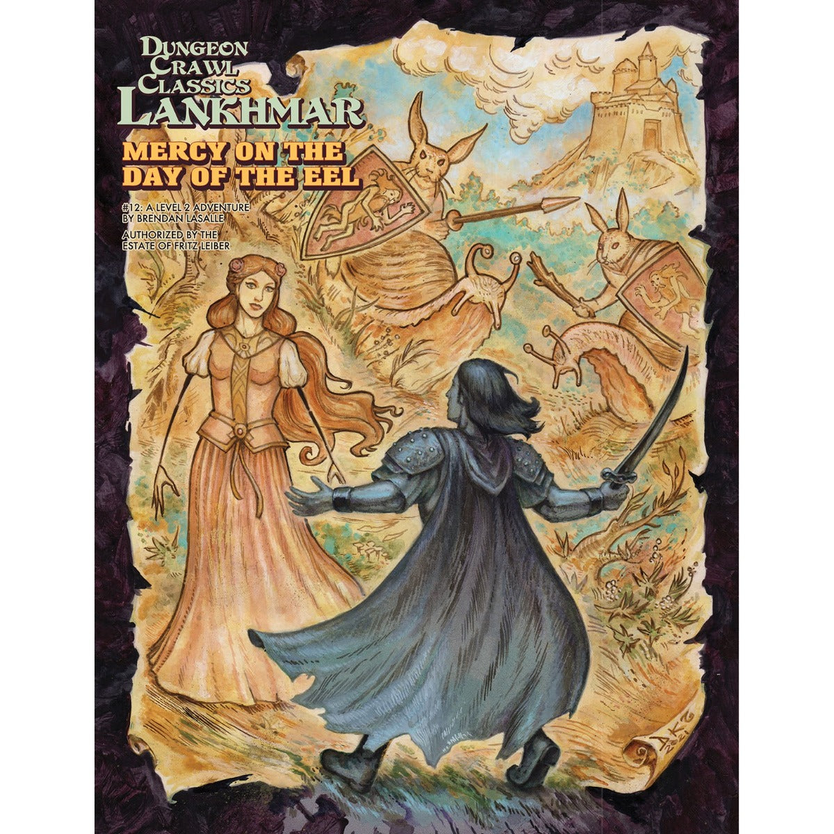 Warrior in dark armor faces a woman; rabbit-knights on snails battle slug monsters near a castle. Cover for DCC Lankhmar: Mercy on the Day of the Eel