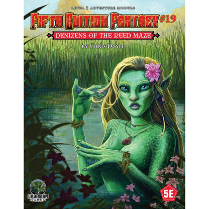 Green-skinned, elf-like woman with blonde hair in a reedy swamp, holding a small butterfly on her finger