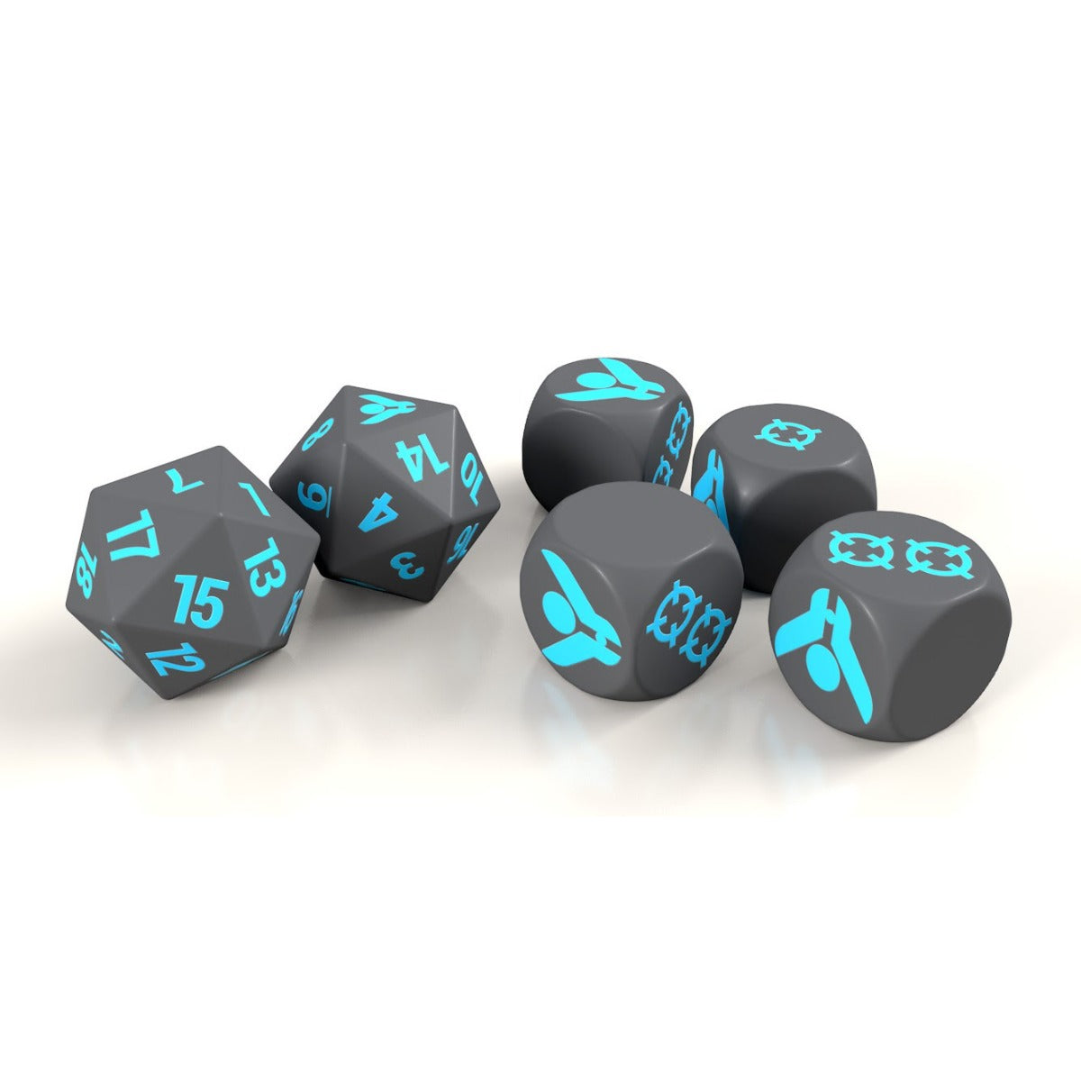 Six dark grey gaming dice, including polyhedral and 6-sided, with bright cyan numbers and symbols.