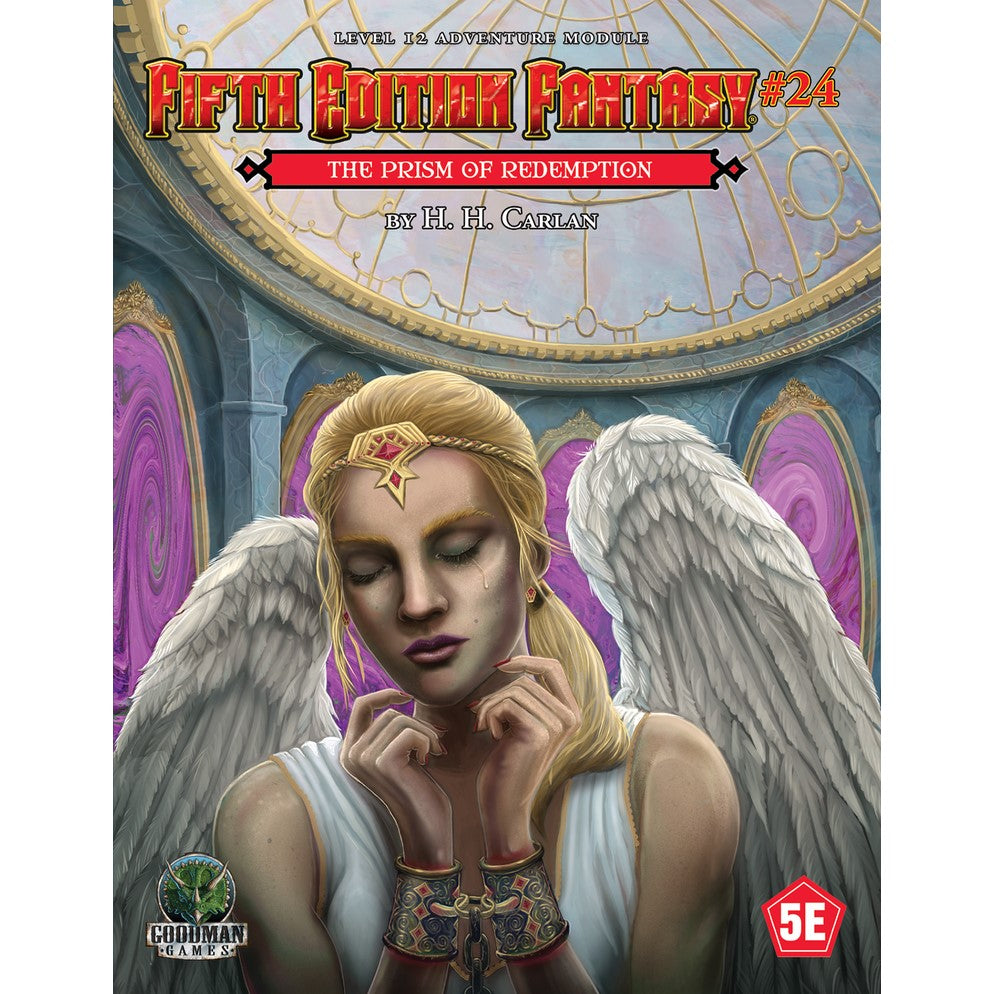 Fifth Edition Fantasy cover: A tearful, shackled angelic woman with closed eyes and wings, against a backdrop of purple portals
