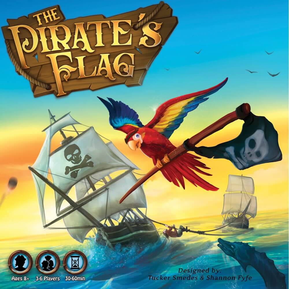 Game cover for "The Pirate's Flag" shows a colorful parrot flying over pirate ships, holding an axe with a skull flag.