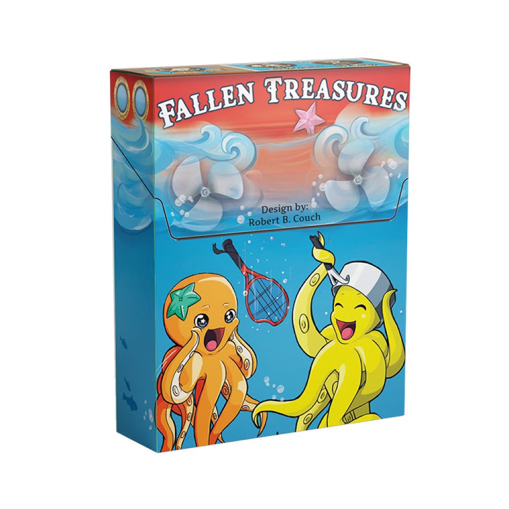 Game box for &quot;Fallen Treasures&quot; shows two cartoon octopuses, one with a bucket, finding a tennis racket underwater.