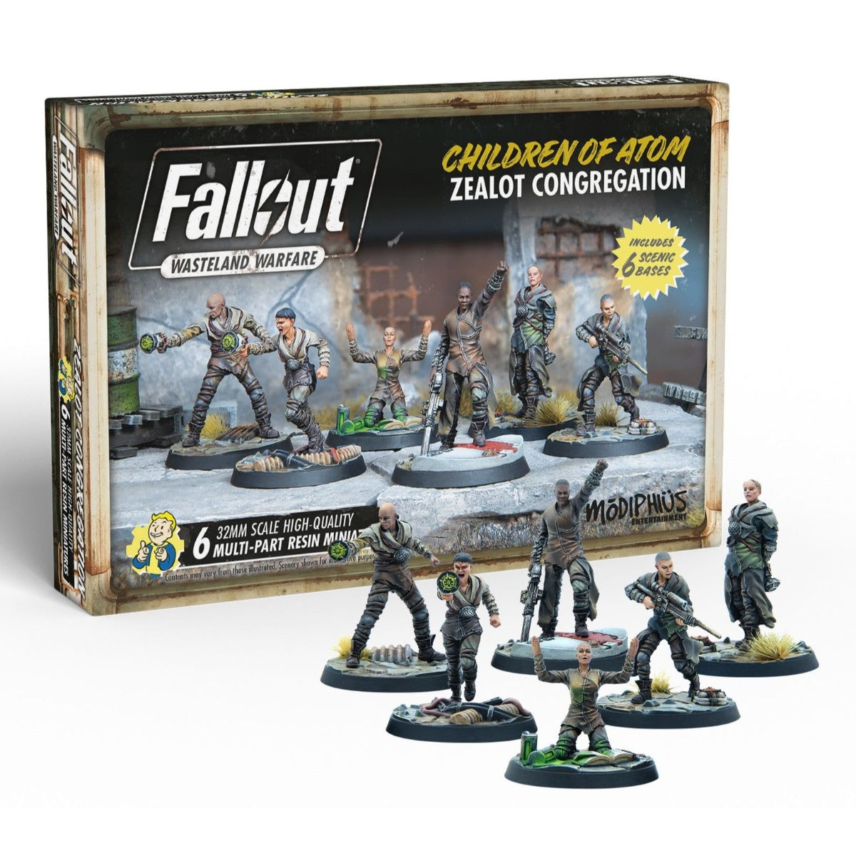Fallout: Wasteland Warfare 'Children of Atom Zealot Congregation' box and six miniatures in cultist poses