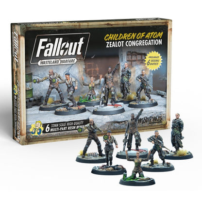 Fallout: Wasteland Warfare 'Children of Atom Zealot Congregation' box and six miniatures in cultist poses