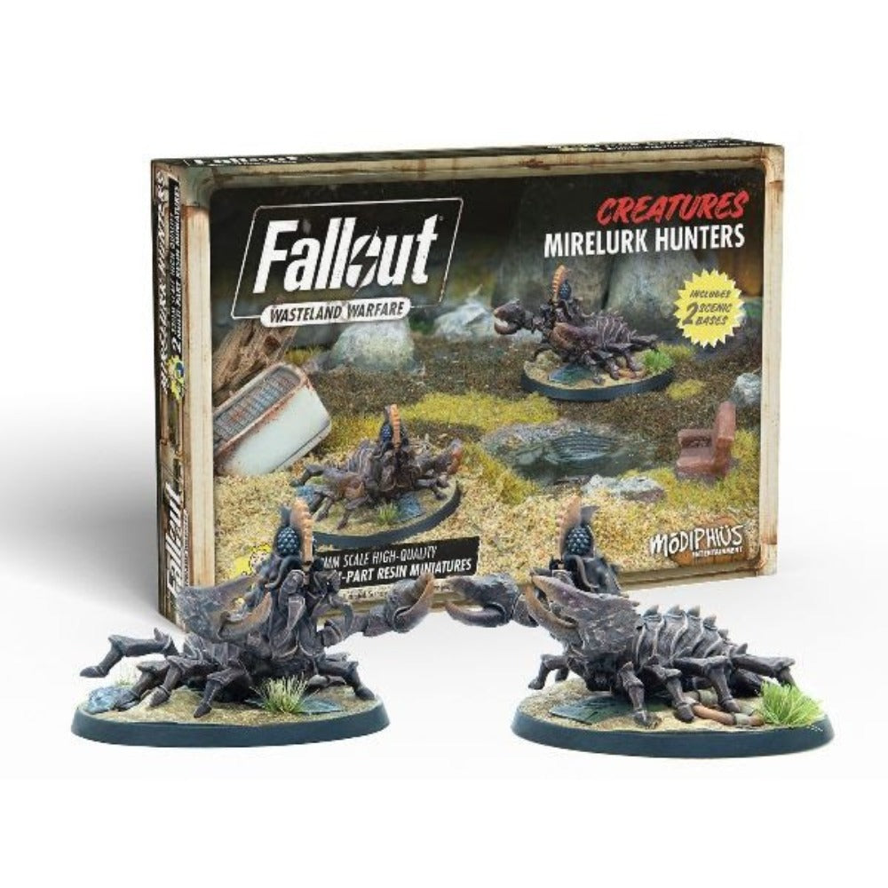 Fallout Wasteland Warfare Mirelurk Hunters: Two detailed, dark miniatures with large claws in front of their game box