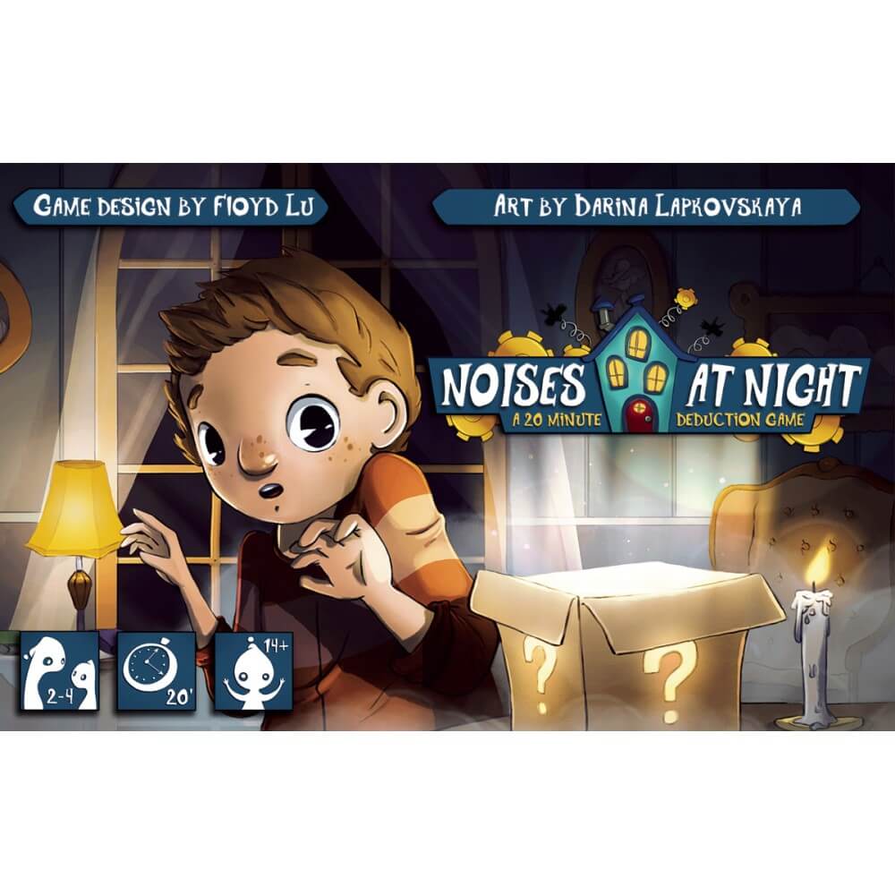 Game cover: A wide-eyed boy listens nervously in a dark room, beside an open box with question marks and a lit candle.