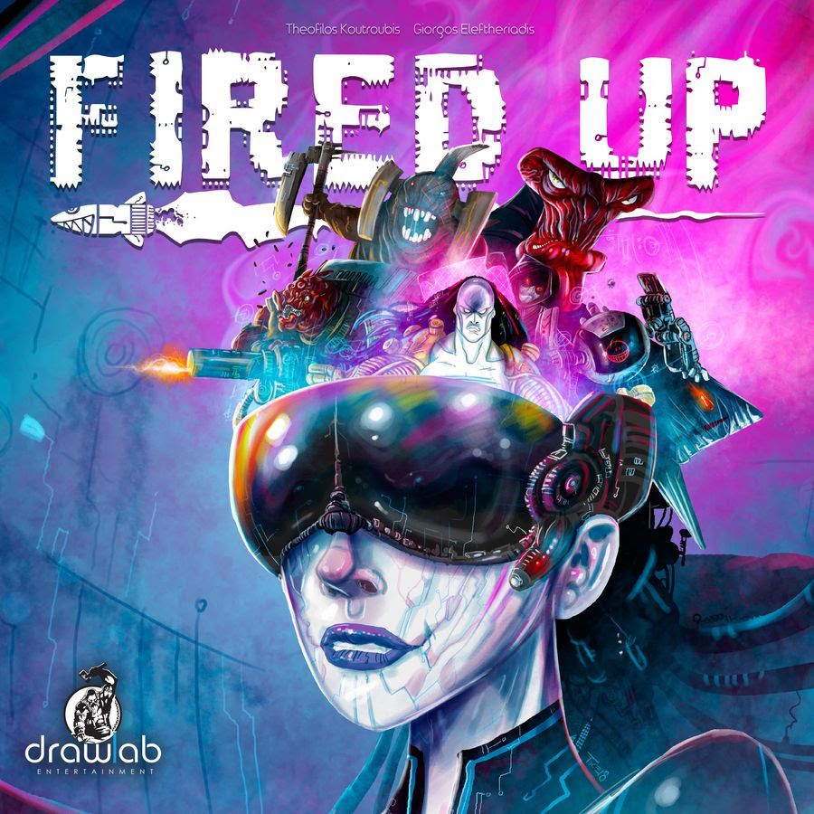 A cyberpunk woman in a VR headset projects a chaotic scene of monsters and characters. Title: FIRED UP