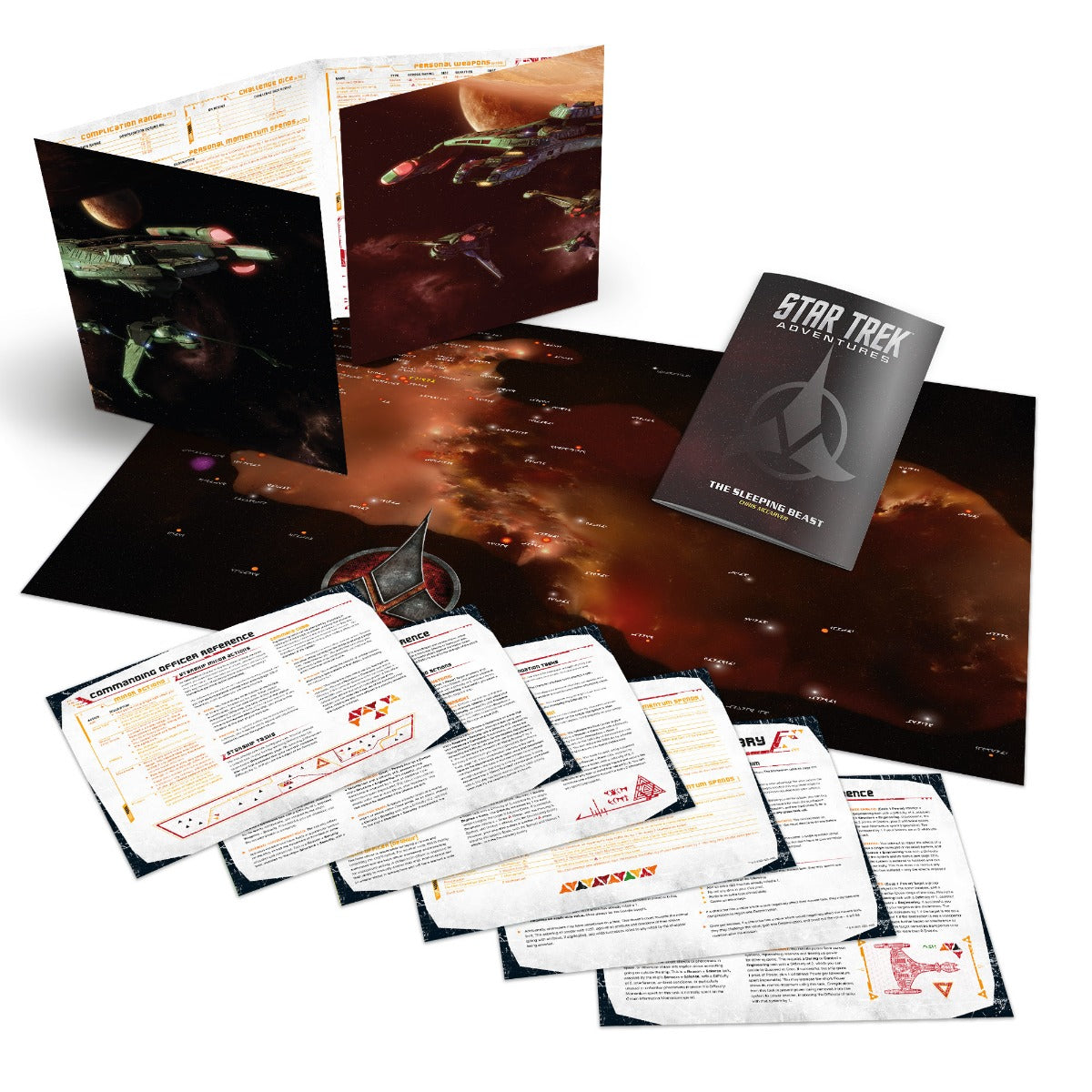 Star Trek Adventures RPG The Klingon Empire Gamemaster Toolkit: rulebooks, star map with ships, and various reference sheets displayed