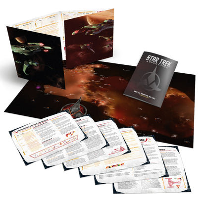 Star Trek Adventures RPG The Klingon Empire Gamemaster Toolkit: rulebooks, star map with ships, and various reference sheets displayed