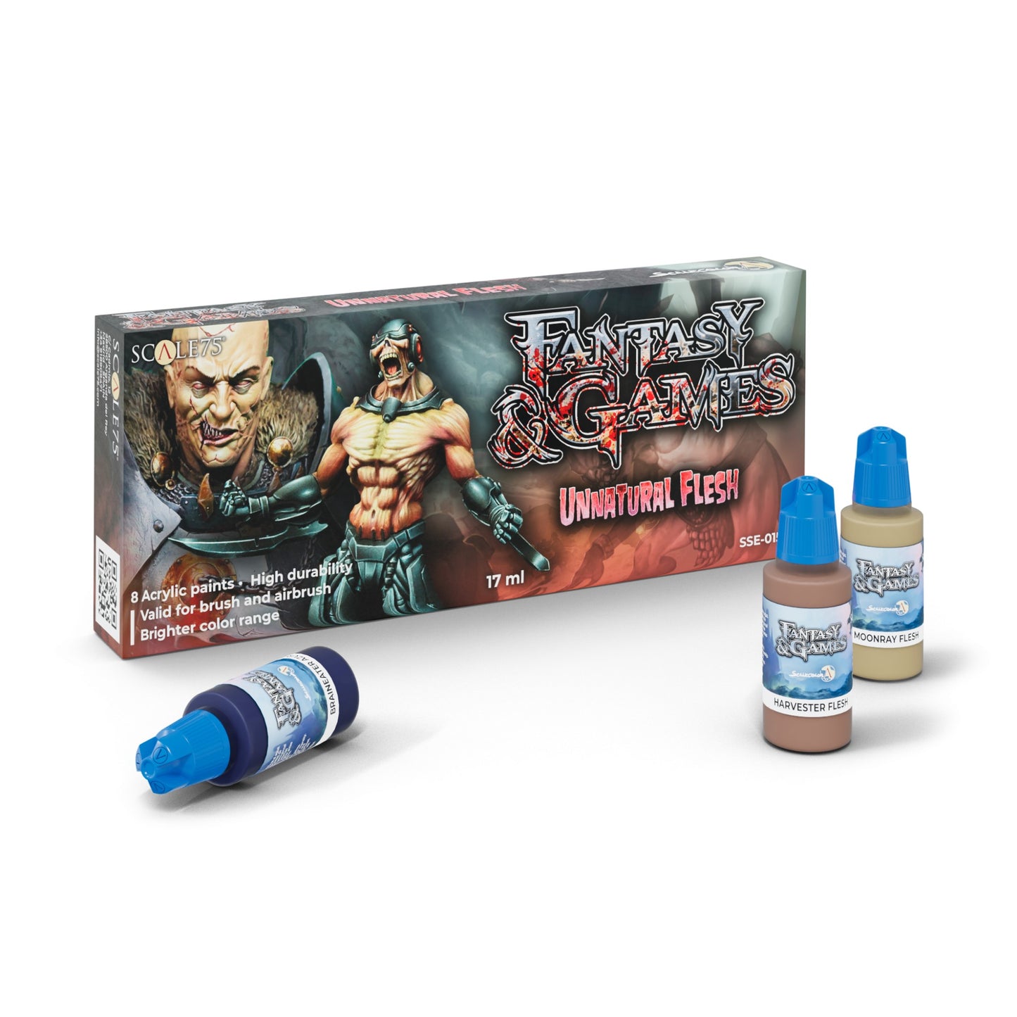 Scale75 Fantasy & Games 'Unnatural Flesh' 8-acrylic paint set box with grotesque characters and three visible bottles
