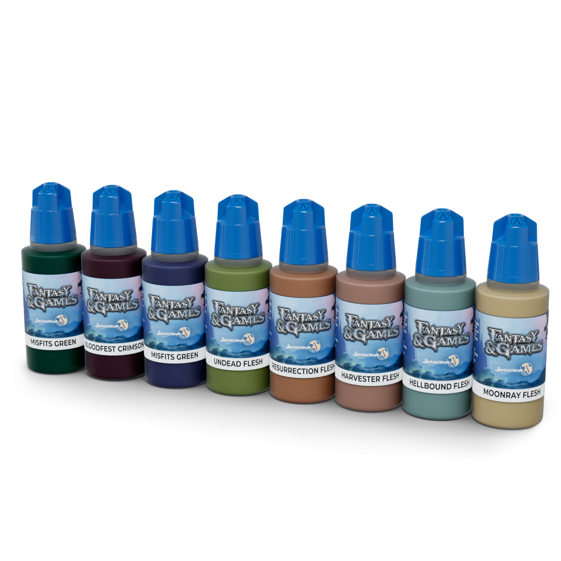 Eight Fantasy & Games miniature paint bottles in various colors, with blue dropper caps, lined up on a white background