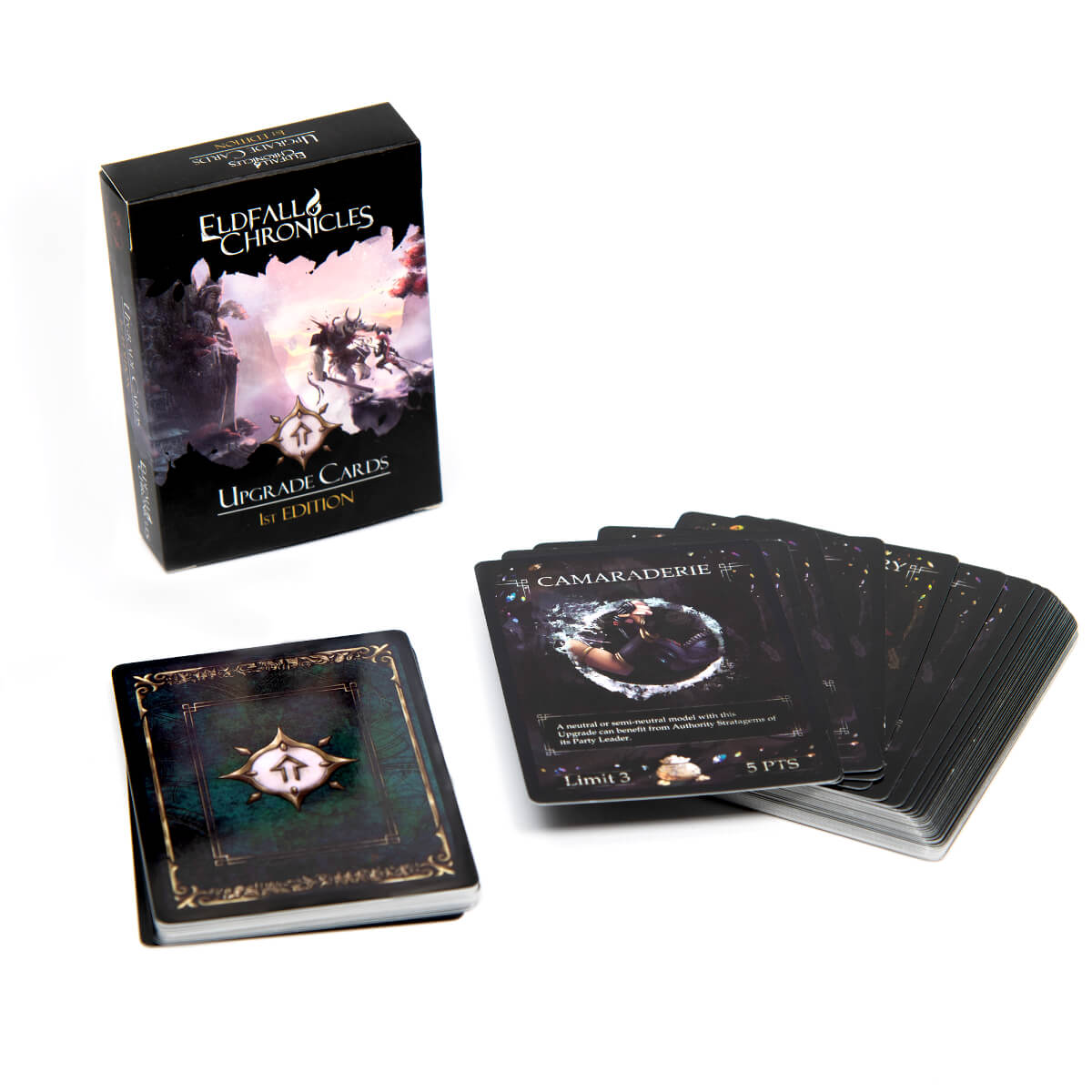Eldfall Chronicles Upgrade Cards 1st Edition box with a facedown and a fanned stack of dark game cards.