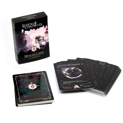 Eldfall Chronicles Upgrade Cards 1st Edition box with a facedown and a fanned stack of dark game cards.