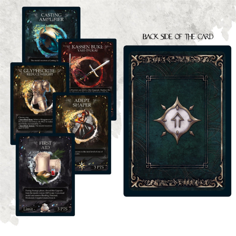 Fanned fantasy game cards show various artwork next to a single card displaying its ornate dark green back.