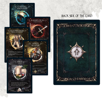 Fanned fantasy game cards show various artwork next to a single card displaying its ornate dark green back.