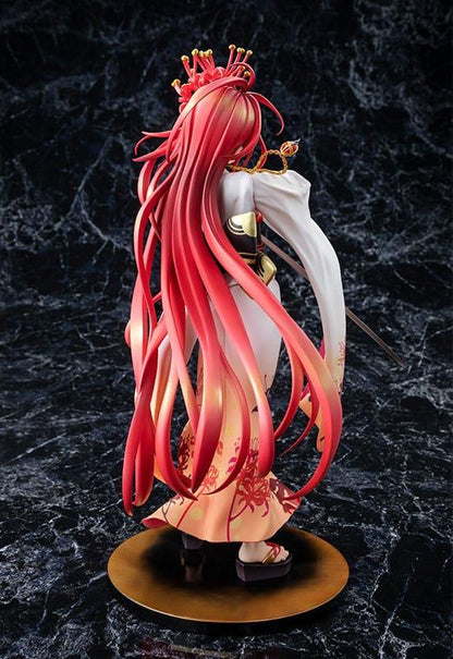 Anime figure of a woman from behind with long red hair and a white dress adorned with gold and orange accents standing
