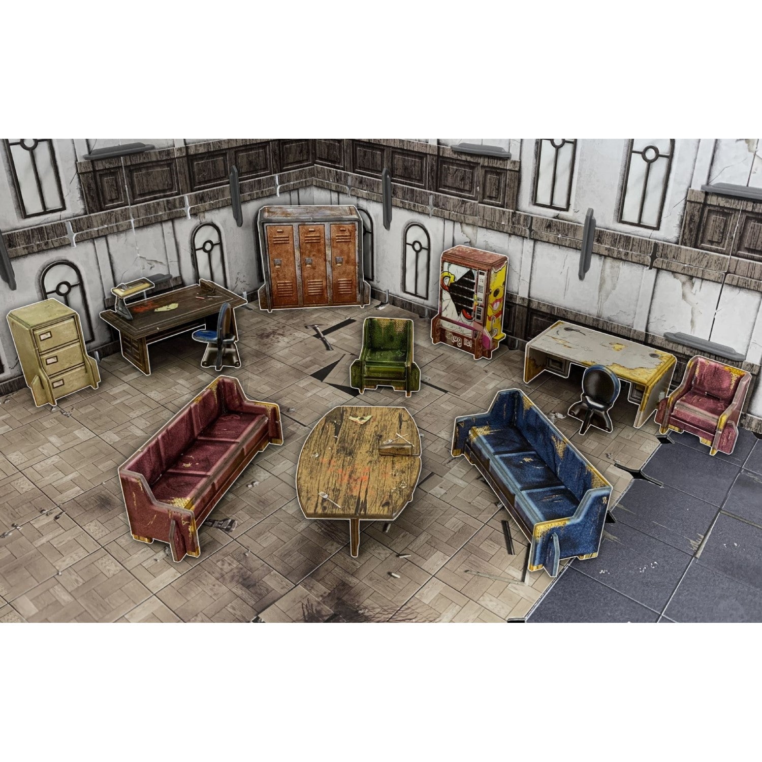 Tabletop gaming terrain: 2D cutout miniatures of distressed office furniture, including desks, sofas, and lockers
