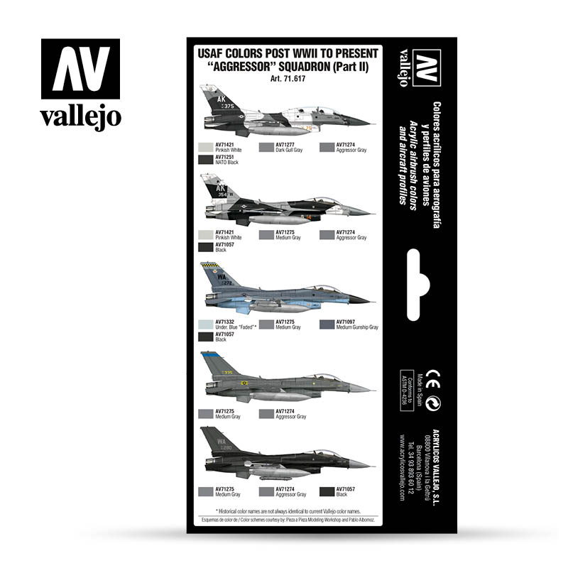 Vallejo paint chart showing five USAF F-16 Aggressor jet profiles and their camouflage paint schemes