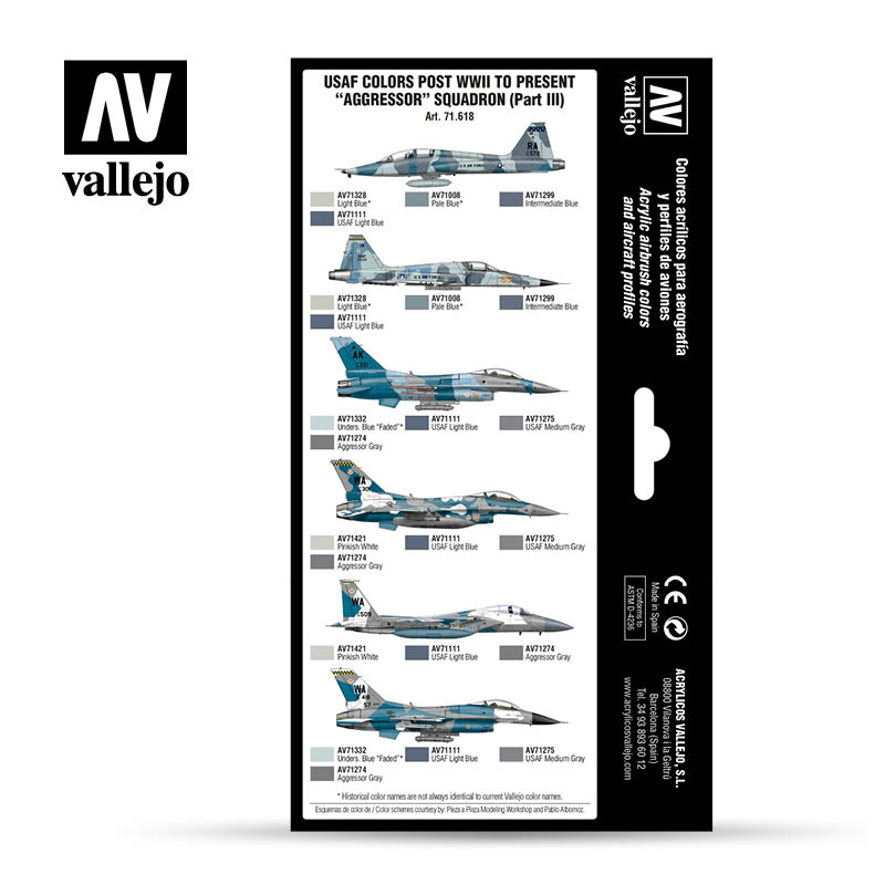 Vallejo paint set: Multiple USAF Aggressor fighter jet profiles with corresponding acrylic color swatches