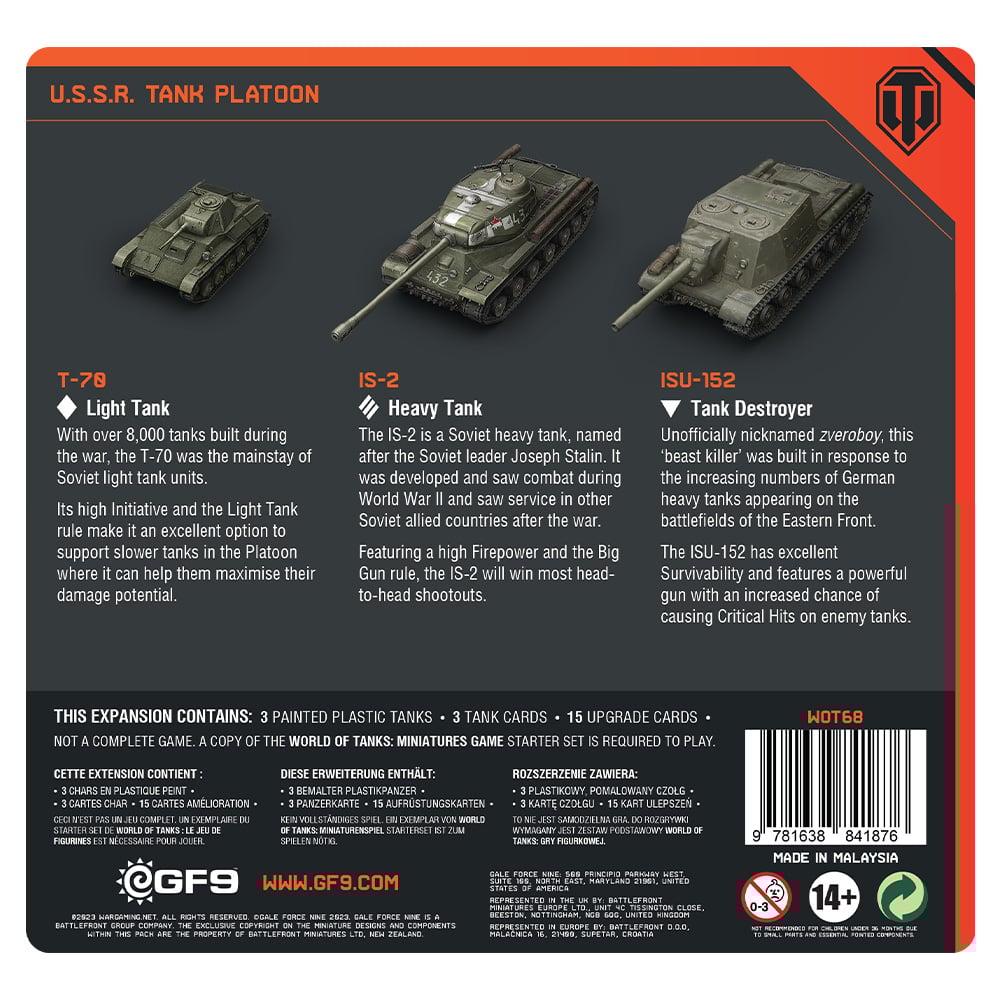 Product display with three miniature Soviet WWII tanks: T-70, IS-2, and ISU-152