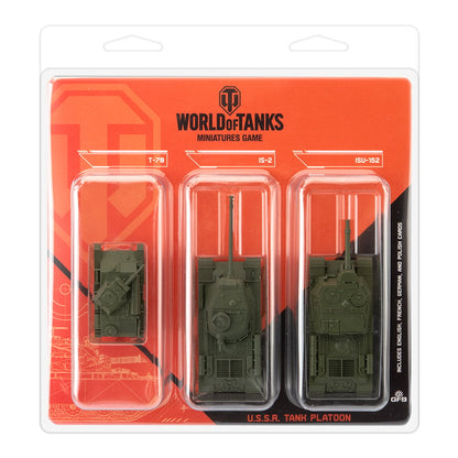 World of Tanks Miniatures Game U.S.S.R. Tank Platoon pack with three green model tanks: T-70, IS-2, ISU-152