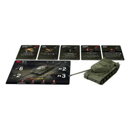 A green IS-2 miniature tank sits beside its large stat card and five smaller upgrade cards for a tabletop game