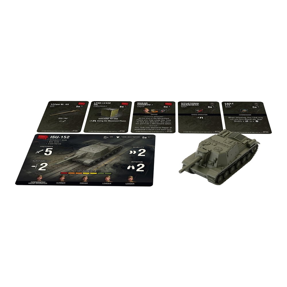 Olive-green miniature ISU-152 assault gun, its game unit card, and several smaller ability cards
