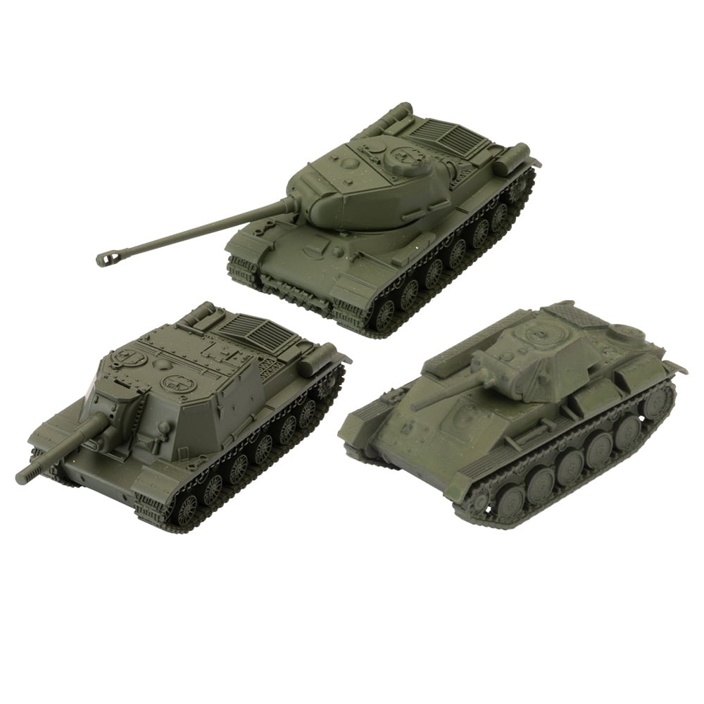 Three olive green military vehicle models of varying designs, displayed on a white background