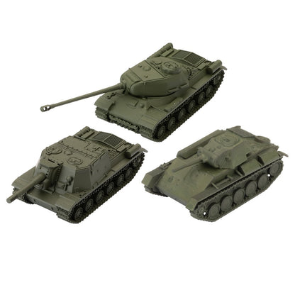 Three olive green military vehicle models of varying designs, displayed on a white background