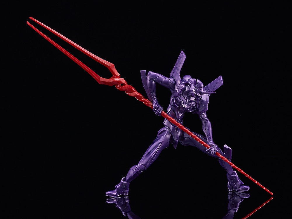 Purple mecha action figure posing with large red spear against a black background