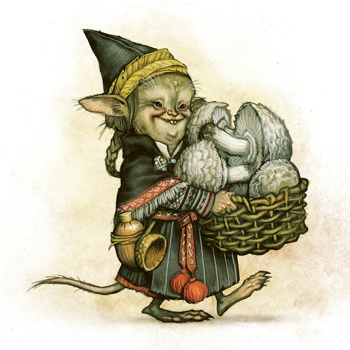 A smiling, whiskered goblin in a pointed hat and traditional clothes walks, carrying a basket of large, fluffy mushrooms