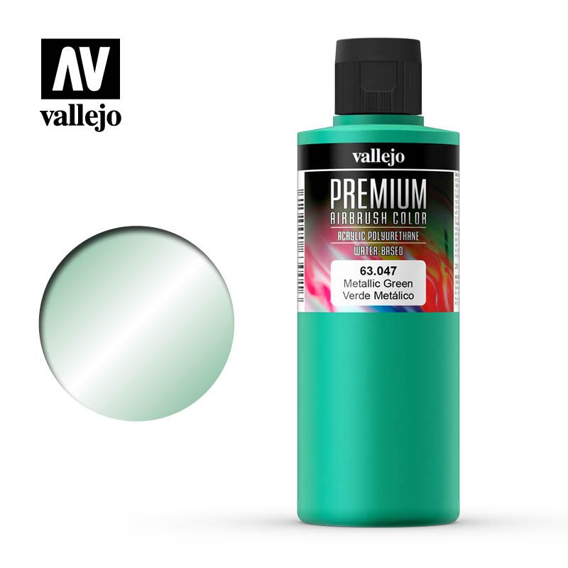 Vallejo Premium Airbrush colour bottle (63.047 Metallic Green) and a circular metallic green swatch