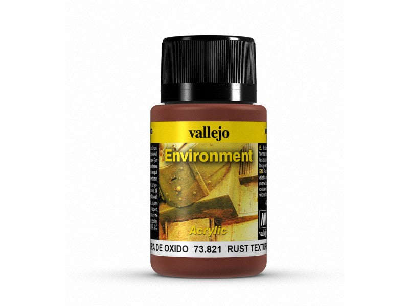 Reddish-brown Vallejo Environment Rust Texture acrylic paint bottle with a black cap