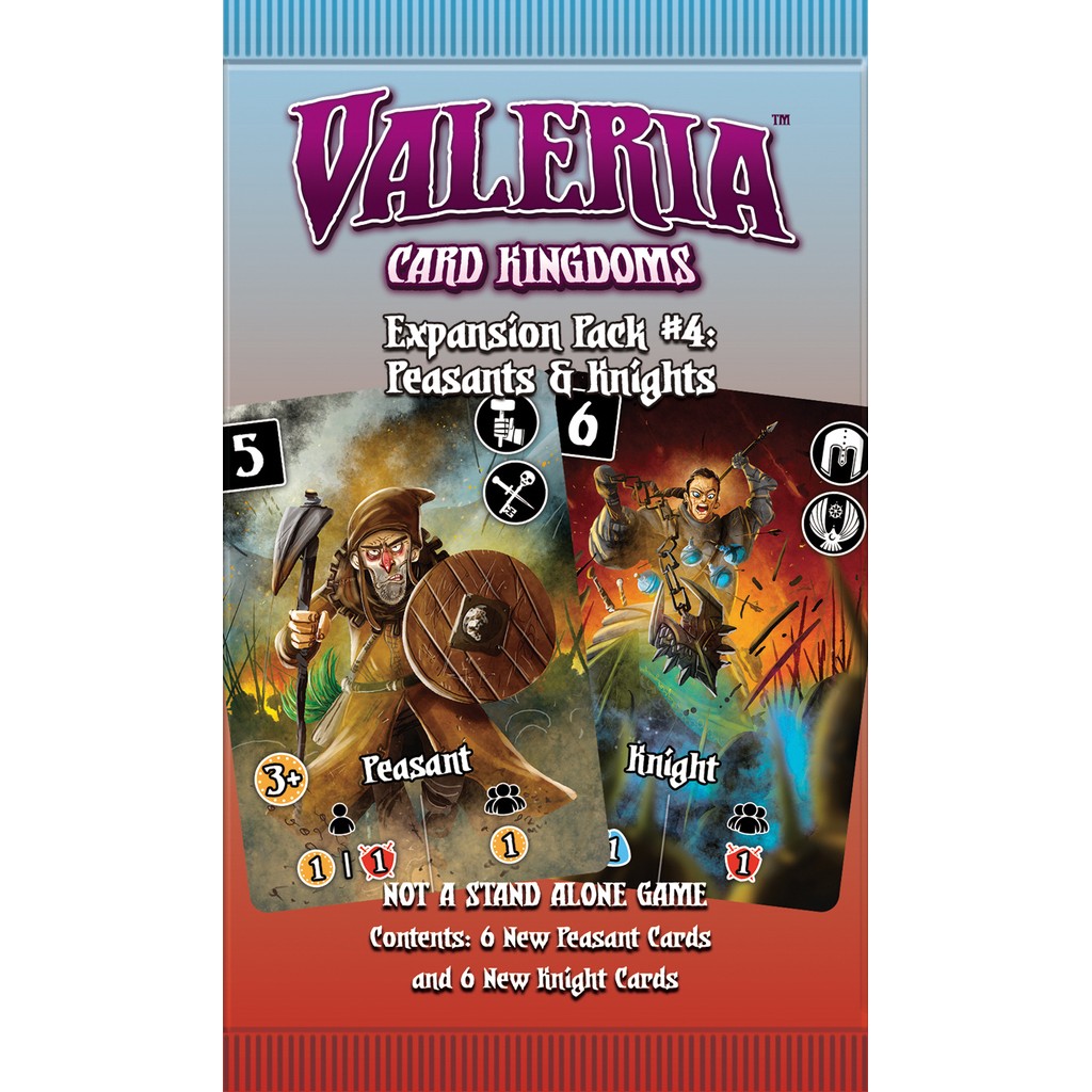 Valeria Card Kingdoms Expansion Pack #4: Peasants and Knights shows a peasant with a pickaxe and a knight with a spear