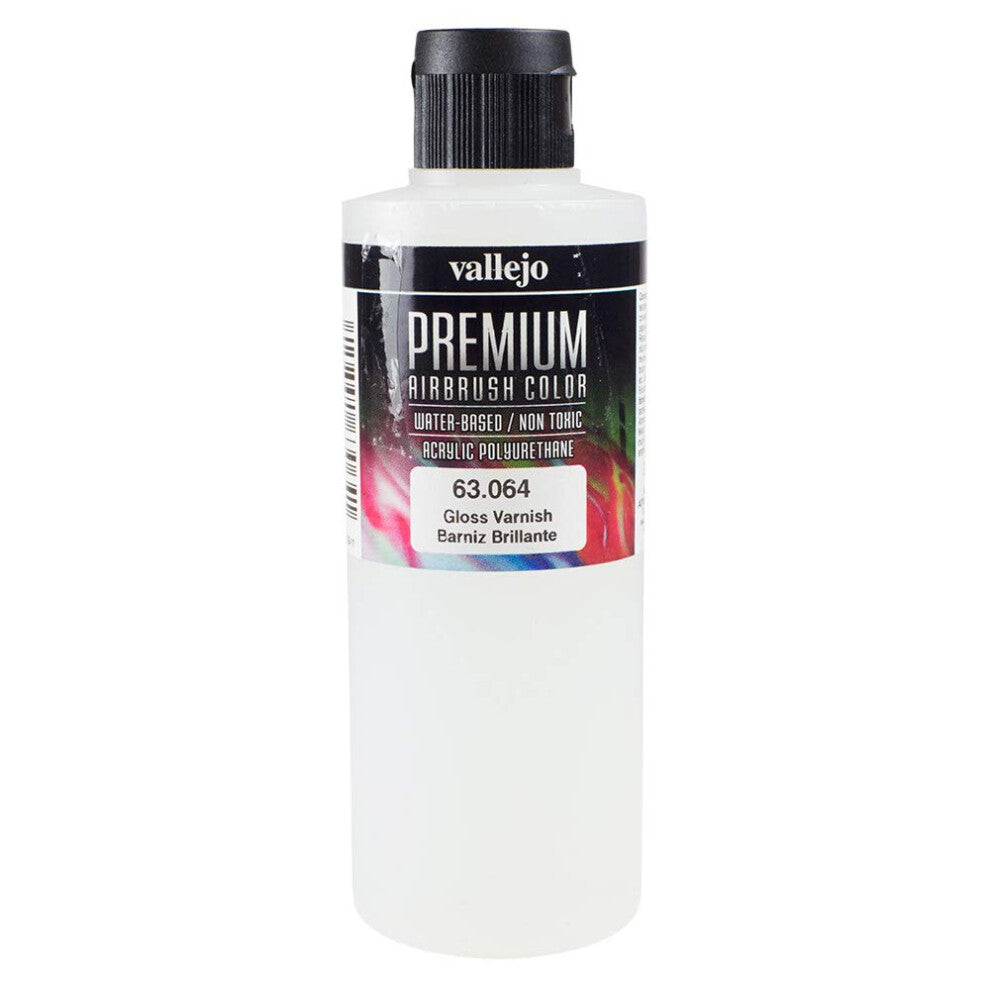 A white bottle of Vallejo Premium Airbrush Gloss Varnish
