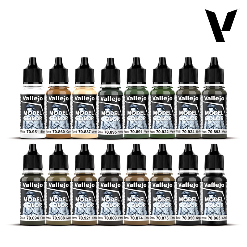 A 16-piece set of model paint bottles in two rows, featuring various greens, browns, white, black, and other colors