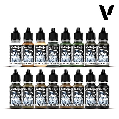 A 16-piece set of model paint bottles in two rows, featuring various greens, browns, white, black, and other colors